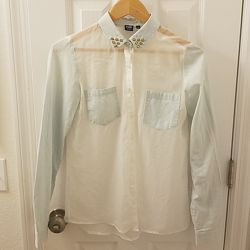 Sheer Button Up White and Denim Shirt with Studs